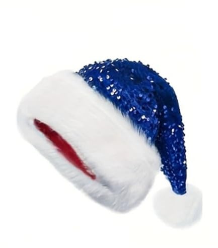 ANDHOM Glitzernde Pailletten-Weihnachtsmannmütze, Weihnachtsfeier-Kostüm-Zubehör, glitzernde Weihnachtsmütze mit weißem Plüschbesatz, mehrere Farben erhältlich, 45 x 32 cm (blau)