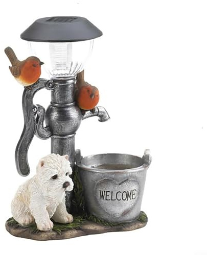 Statue de jardin solaire en résine avec panneau « Welcome Home Sweet Home » - Décoration de pelouse - Décoration de pelouse - Motif chaton mignon - Oiseau et chien