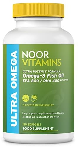 Halal Fish Oil, Halal Vitamins, Fish Oil Halal by Noor Vitamins, Ultra Omega 3 Wild Peruvian Fish Oil (800 mg EPA & 400 mg DHA) Heart, Brain & Joint Support, Non-GMO & Gluten Free (120 Count)