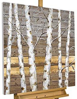 Kunstloft Quadro su tela | 100% DIPINTO A MANO | 80x80cm | Dipinto 'Alba nel bosco di betulle' | Foresta & Alberi | Oro Beige | Arte moderna