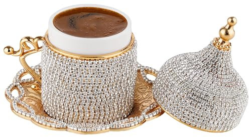 DEMMEX Taza de café turco y espresso, elegante taza de café árabe griego turco con porcelana interior, soporte de metal, platillo y tapa, hecha a mano con cristales, 2 onzas, 60 ml (dorado con
