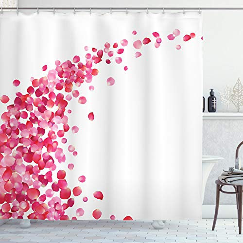 ABAKUHAUS Blätter Duschvorhang, Rosenblätter Vortex, Stoffliches Gewebe Badezimmerdekorationsset mit Haken, 175 x 180 cm, Magenta Weiß