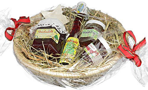 Weihnachts Geschenkkorb - Leckerer Präsentkorb zu Weihnachten inkl. Bastkorb mit Heu, Weihnachtsfruchtaufstrich, Weihnachtslikör, Glühweinfruchtaufstrich, Deutscher Waldhonig