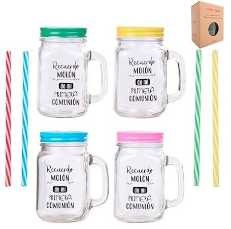 Lote de 20 Jarras Cristal Con Caña RECUERDO MOLÓN SURTIDO EN COLORES - Jarras con Frases, tazas originales para Detalles, recuerdos y regalos de Comuniones