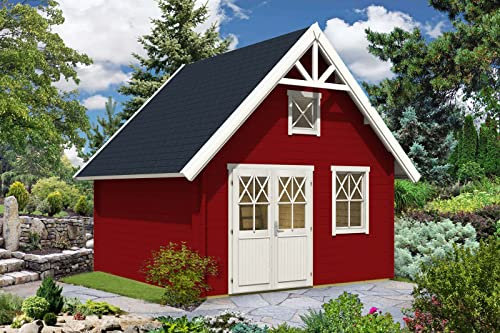 Alpholz Gartenhaus Schwedenhaus 44 mit Anbau aus Massiv-Holz | Gerätehaus mit 44 mm Wandstärke | Garten Holzhaus inklusive Montagematerial | Geräteschuppen Größe: 418 x 418 cm | Satteldach