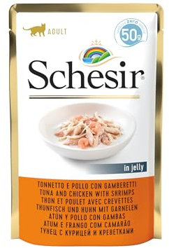 Schesir Cat Jelly Thunfisch und Huhn mit Garnele, Katzenfutter nass in Gelee, 30 Beutel x 50 g