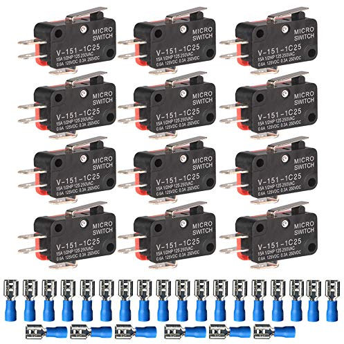 Gebildet 12pcs V-151-1C25 125V/250V 15A Momentaneo Micro Interruttore,Finecorsa SPDT 3Pin,1NO 1NC Mini Interruttore a Levetta Pulsante Tipo+24pcs Terminali