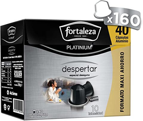 CAFÉ FORTALEZA Cápsulas de Café Compatibles con Nespresso Pack de 4x40 (160Uds) – Cápsulas Despertar Platinium 100% Arábica Alta Intensidad 10/13 – Cápsulas de Café Especial Desayunos