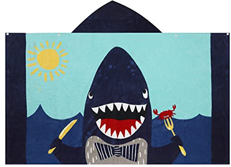 BANGSAUR Kinder-Strandtuch mit Kapuze, 100% Baumwolle, weich und saugfähig, Badetuch, Badetuch, Überzieher für Jungen und Mädchen, extra Größe: 127×76cm (Hai mit Messer und Gabel)