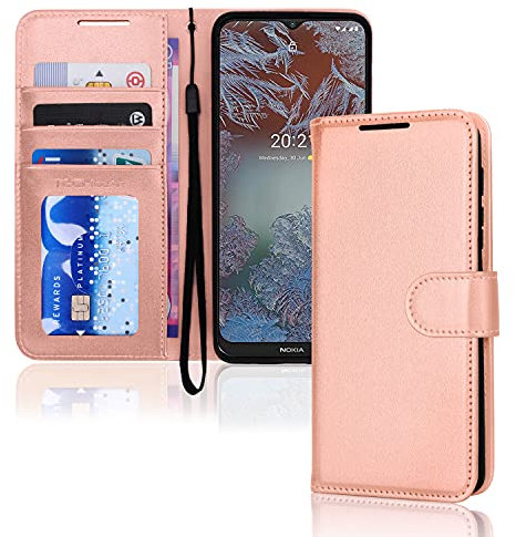 TECHGEAR Case Fits Nokia G10 / G20 Leather Wallet Case, Flip Protective Case Cover Wallet Card Holder, Stand and Wrist Strap - Rose Gold PU Leather with Magnetic Closure Designed For Nokia G10, G20