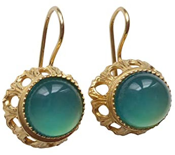 Elegante Chalzedon-Ohrringe leuchtend grün-blau groß Hänger Silber vergoldet Vintage Retro Antik-Look Geschenk Unikat Handarbeit Italien