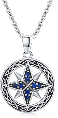 MEDWISE Kompass Halskette 925 Sterling Silber Keltisches Kette Kompass Anhänger Blauer Zirkon Kette Amulett Kompass Geschenk Keltischer Schmuck für Damen Mädchen Herren Geschenk