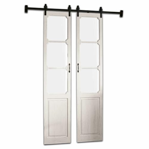 Loberon Double Porte coulissante Tibout - Bois de pin revalorisé, Bois de Sapin, Fer - H/L/P env. 211.5/192/7 cm - crème Vieilli