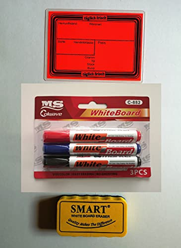 20 laminierte Preisschilder 111 x 154 mm neon-rot + 3 Marker + 1 Schwamm zum Löschen für Obst und Gemüse mit Aufdruck