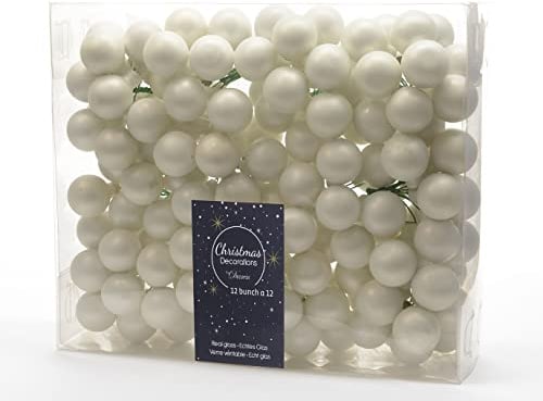 Kaemingk Weihnachtskugeln am Draht Glas 2,5cm x 144 Stück Spiegelbeeren zum Basteln Matt weiß Winterweiß