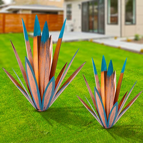 Homight Große Agave Skulptur rustikale Metall Agave Pflanze Outdoor Innendekoration Outdoor Rasen Dekoration Hof Holzpfosten Passende Garten Geeignet für Hofdekoration Terrasse ... (L&M, Blau)