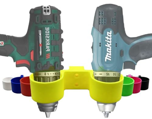 R-Satz Shop Akkuschrauber Wandhalterung passend für Bosch, Makita, Metabo, Ferrex, Parkside, Milwaukee, Einhell, Dewalt und weitere - Doppelhalter Wand (Gelb)