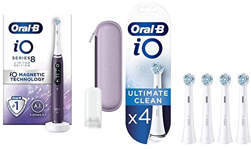 Oral-B Limited Edition iO - 8 - Electric Toothbrush Rechargeable & iO Ultimate Clean Electric Toothbrush Head, Twisted & Angled Bristles for Deeper Plaque Removal, Pack of 4, White