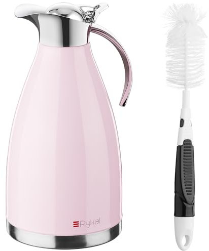 PYKAL Thermal Coffee Carafe with Lid - 68Oz / 2L Vacuum Insulated Pitcher for Hot Liquids - Stainless Steel Water or Tea Dispenser - Teapot Jug with Long Handle Brush - Pink