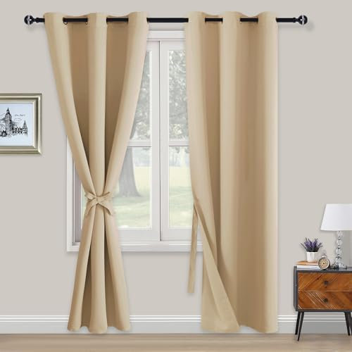 XWZO Blickdichte Vorhänge Verdunklungsvorhänge mit Ösen 2 Stücke Gardienen mit Raffhalter Lichtundurchlässige Vorhänge für Schlafzimmer,WonhzimmerBüro, 229x117 cm, Beige