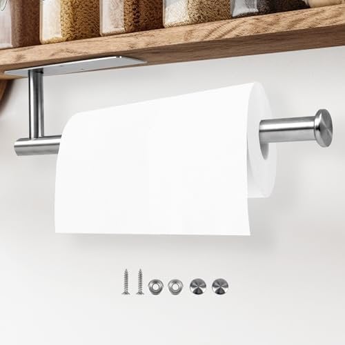 Jojeys Kitchen Roll Holder Under Cabinet, Adhesive & Screw Mounted 304 Stainless Steel Kitchen Towel Holder - Suitable for Under Cupboard & Cabinet Toilet Tissue Paper Roll Holder (Silver)