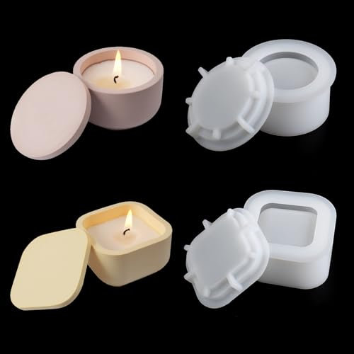 EPODA 2 Stück GießFormen Silikon Kerzenhalter, Silikonform Kerzenhalter Mit Deckel, GießForm Kerzenhalter Rund Quadrat, Silikonformen für Beton Gips DIY Kerzen