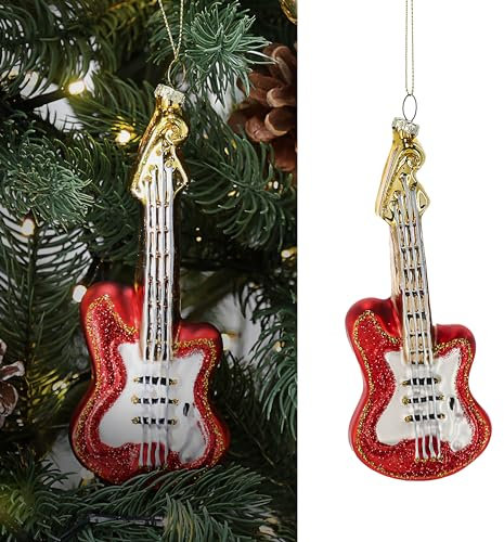 Christbaumschmuck Gitarre| handbemalt 5,5x15x2,5cm Glas bunt Glitzer | Weihnachtsaufhänger für Tannenbaum (1 x Christbaumschmuck Gitarre)