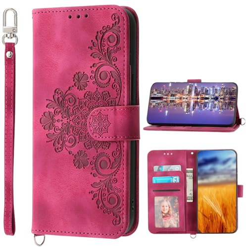 Baifu Brieftasche Hülle für Sharp Aquos R6, Handyhülle mit Ständer und Handschlaufe, Kartenhalter Tasche für Sharp Aquos R6-Tiefrot