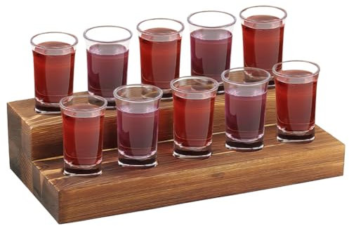 FINGERINSPIRE 2-Tier Wood Shot Glass Holder Holds 10 Glass Rectangle Flight Board Saddle Brown Beer Sampler Tray 37cm Slots Flight Paddle Beer Flight Tasting Serving for Bar Home Party