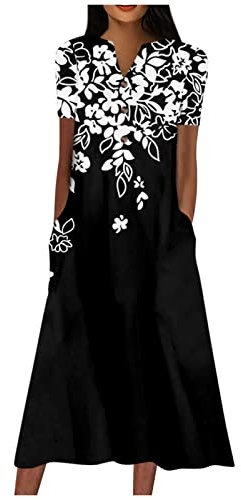RMBLYfeiye Kleider Damen Sommer Sexy, Kleid Lang Damen Sommer Festival Outfit Damen Curvy Blumen Bedruckt Maxikleid Mit Taschen Freizeitkleid Plissee Abschlusskleid Elegant Langes Kleid (Schwarz,M)