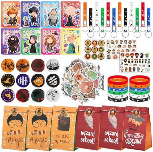 118Pcs Magical Wizard Harry Party Bag Fillers for Kids - Wizard Favors Gift Set with Bags, Badge, Sticker, Wristband, Keychain