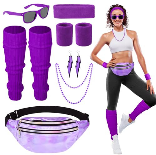 Heyu-Lotus 80er Jahre Outfit Damen, 90er Jahre Kostüm Kleidung Accessoires mit Bauchtasche, Stirnband, Beinwärmer, Armbänder, Brille und Ohrring für Karneval Neon Party?Violett?