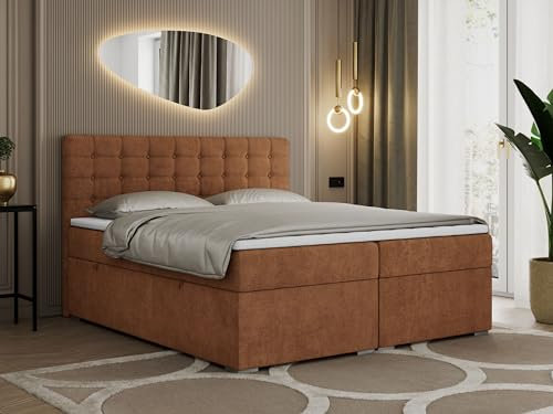 MKS MEBLE Boxspringbett Orange 200x200, Polsterbett 200x200 mit Bettkasten, Bett 200x200 mit Multipocket-Matratze H4, Boxspringbett 200x200 mit Kopfteil und Topper - H4 Orange Strukture - Susan