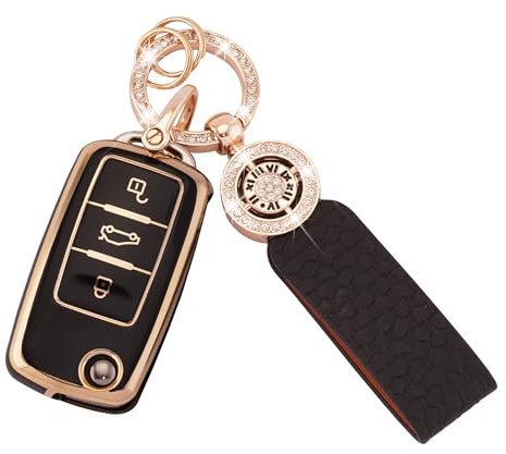Koaudb Housse de clé de voiture pour VW Volkswagen Passat Golf Polo Beetle Jetta Touran Eos Scirocco 3 boutons Coque de porte-clé en TPU souple avec porte-clé en cuir Noir Or (C-BP-Vlw-3S)