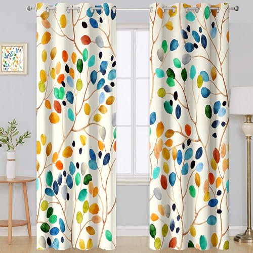 Emwnodti Fenstervorhang mit Blumenmuster, 2 Paneele, bunt, Blätter, Boho, Blume, Verdunkelungsvorhänge, Raumverdunkelung, Ösen, böhmische Vorhänge, Fenstervorhänge für Wohnzimmer, Schlafzimmer,