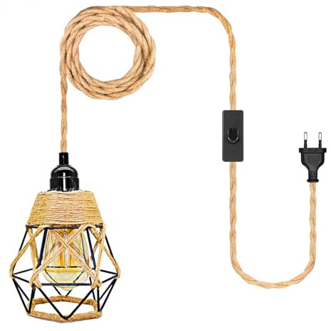 Kit di Lampadario a Corda di Canapa con Spina, 510CM Cavo E27 Portalampada Corda Canapa, Inclusi Gabbia Metallo Paralume, Lampada a Sospensione, Lampade a Terra, Industria Vintage, Stile Rurale