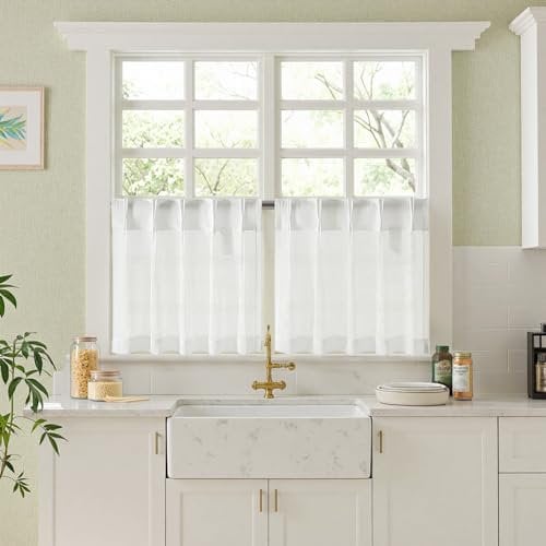 MIULEE Scheibengardinen Bistrogardine Küchengardinen Quetschfalten mit Rückenschlaufen mit Haken,Gardinen Kurz Halbtransparente Voile Lichtfilterung für Küche Wohnzimmer 2er Set,60X45 cm,Weiß