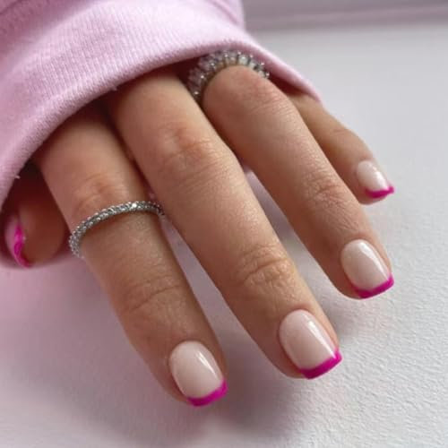 Purple French Tip Press On Nails - Short French Tip Nails - Square False Nails With Glue - Full Cover & Light Weight Fuchsia Artificial Stick On Nail For Women - 24pcs, 12sizes