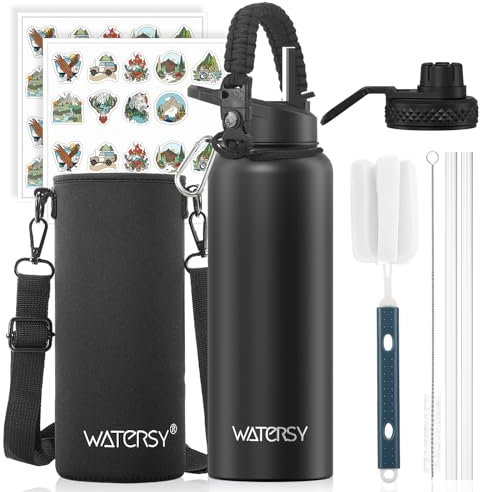 WATERSY Stainless Steel Vacuum Insulated Water Bottle 40oz, Drink Flask Metal Water Bottles 1200ml with 2 Lids Leakproof (Straw Lid and Spout Lid) Keep 24 Hours Cold Drinks for Sport, Work, Travel
