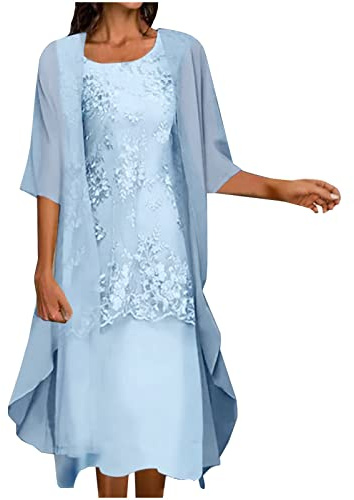 Womens Elegant Plus Size Elegant Mother of The Bride Wedding Guest Dress Suit 2 Piece Sets Cocktail Party Dresses + Lace Hollow Out Long Sleeve Cardigan