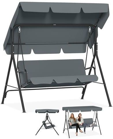 YRHome Anthrazit Hollywoodschaukel 3-Sitzer mit verstellbarem Sonnendach Gartenschaukel bis 200 kg Wetterfeste Schaukelbank mit Komfortkissen & Anti-Rutsch-Füßen Für Garten, Balkon 175,5x110x152cm