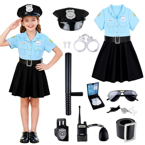 COSBERY Polizei Kostüm Kinder Jungen Mädchen, Karneval Halloween Kostüm Kinder Polizei Accessoires Einschließen Mütze Gürtel Walkie-Talkie Pfeife Holster Handschellen Schlagstock Dienstmarke Brille