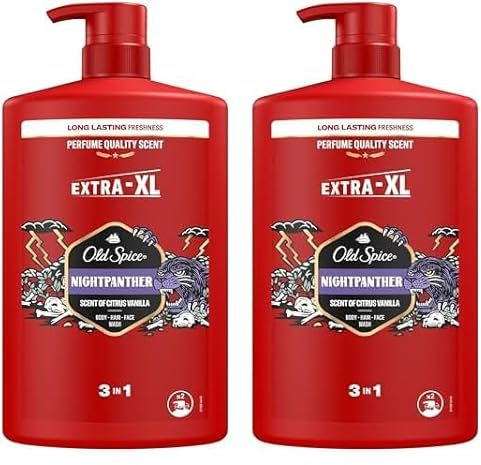 Old Spice Night Panther 3-in-1 Mehrzweck-Shampoo für Haar, Gesicht und Körper 1000 ml, langanhaltende Frische, Duft von Parfümqualität, Tiefenreinigung (Packung mit 2)