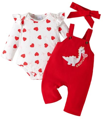 LUVCES Vestiti Set di Pantaloni a Bretelle per Bambina Neonata Tutina Top con Volant Stampa a Cuori + Carina Elefante Salopette + Fascia Autunno Inverno Abiti Set Dinosauro dal cuore rosso 0-3 Mesi