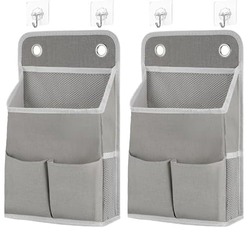 Huiguli 2 Stück Hängeorganizer, Hängetasche mit 4 Haken | Grau Faltbare Hängende Aufbewahrung Tasche Hohe Kapazität Leinenstoff für Schlafzimmer, Büro, Wohnmobil