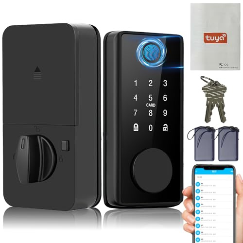 Smart Lock mit Fingerprint & WiFi Alexa kompatibel - Intelligentes Türschloss mit 100 Fingerabdrücken, IP65 - Tuya App Fernsteuerung, Schlüssel, IC-Karte - CE