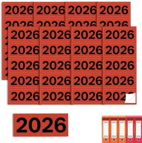 200 Stück Jahreszahlen Aufkleber 2026 für Ordner,Jahreszahl Etiketten 62x26mm Inhaltsschild Rot Ordner Aufkleber Selbstklebend Ordner Etiketten für Kennzeichnung Ordnern Unterlagen und Ablage