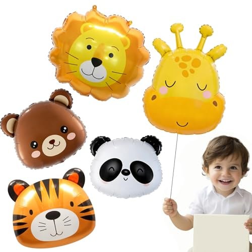 Fesnova 5 Stück Folienballon Tiere, Tierkopf Ballons, XXL Waldtiere Luftballon, Panda Giraffe Bär Löwe Tiger Folienballon, Kinder Geburtstag Party Deko Geschenk, Dschungel Deko Geburtstag