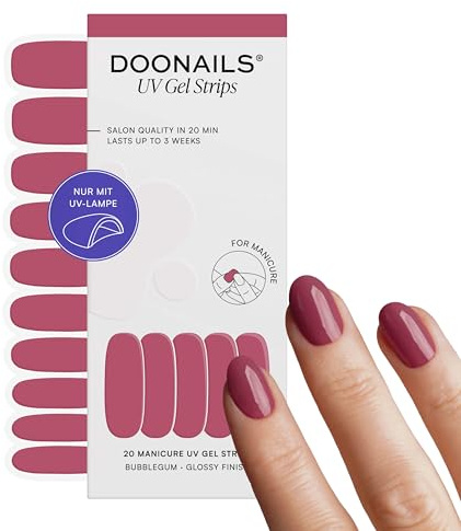 DOONAILS® UV Gel Strips Bubblegum Bubblegum Pink – Nagelfolie UV härtend, 20 Strips für 2 Maniküren – Halt bis zu 14 Tage, HEMA-frei & vegan
