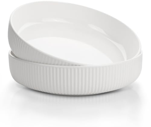 Iceten 8 Inch Pasta Bowls, 2 Pcs Serving Bowls, Salad Bowls with Ribbed, Ceramic Pasta Bowls Set for Pasta, Fruit, Lasagne, Noodle, Rice